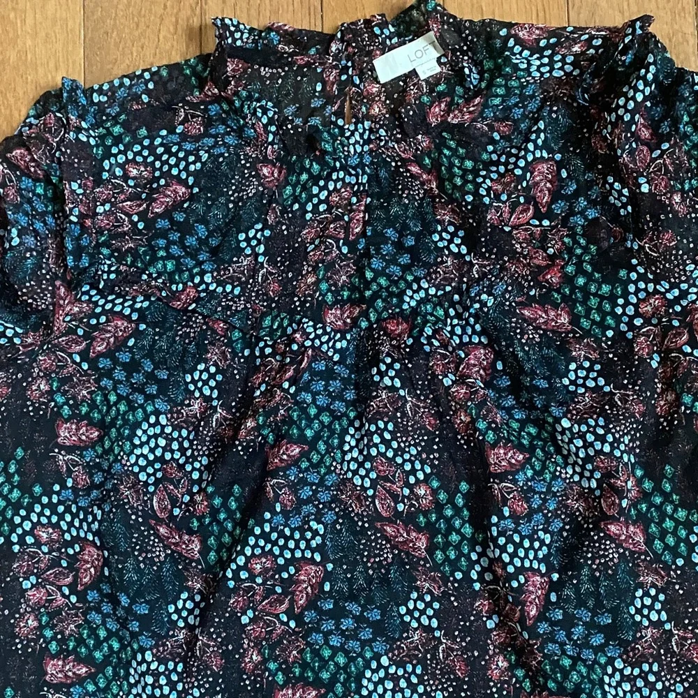 LOFT Floral Sheer Blouse Smocked Ruffle Neck Puff Sleeve Top Small